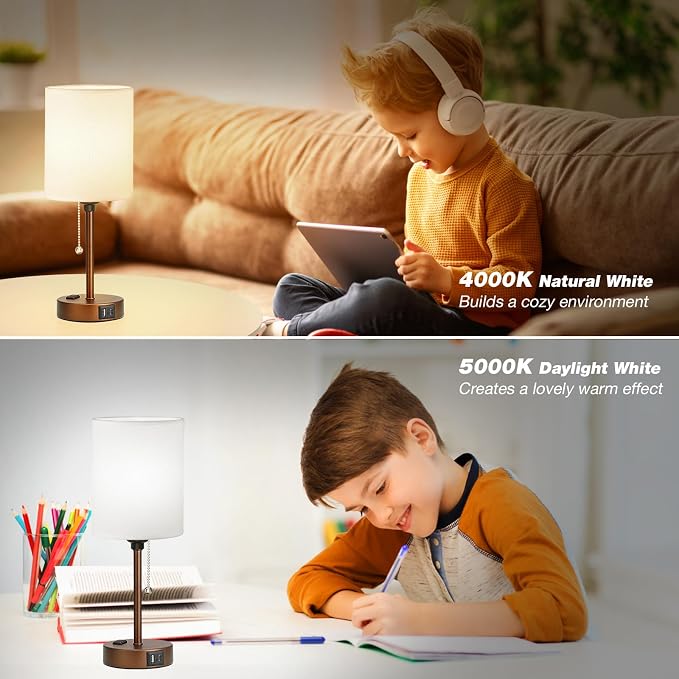 Small Bedside Table Lamp for Bedroom, Desk Lamp with USB Ports for Dorm | USB A+C Ports, AC Outlet, 3 Color Temperatures, LED Bulb Included, Beige Fabric Shade, Coffee Base, 14" Night Stand Lamp