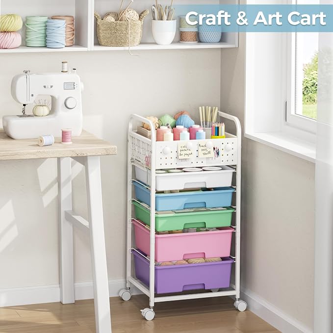 5 Drawer Rolling Storage Cart with Pegboard Top and Hooks, Ice Cream | Mobile Organizer Cart with Wheels for Office Supplies, Craft Storage, Classroom Organization, Home Utility Cart