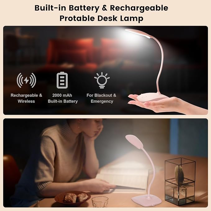 Portable Battery Powered Desk Lamp Small Rechargeable LED Table Light | 400 Lumen Eye Care,3 Color Temperatures,Stepless Touch Dimming,360° Adjustable for Nail Study Dorm Office Bedroom,Pink 1 Pcs