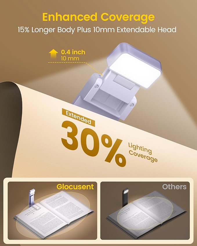 Glocusent Extendable Book Lights for Reading at Night, 5 Enhanced Brightness & 3 Colors with Sleep Aid & Timers, Clip on USB Rechargeable Reading Light for Books in Bed, Ideal Book Lovers Gifts