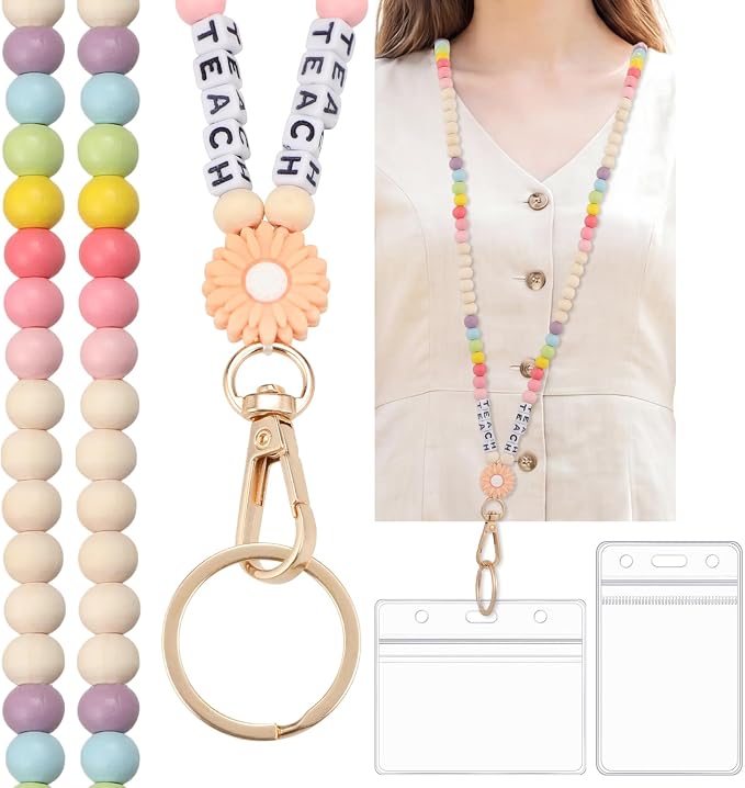 Teacher Lanyard for ID Badges Wooden Beaded Lanyard with ID Holder for Teachers Doctors Office Staff in Schools, Hospitals, and Workplaces Carrying Keys or Access Cards