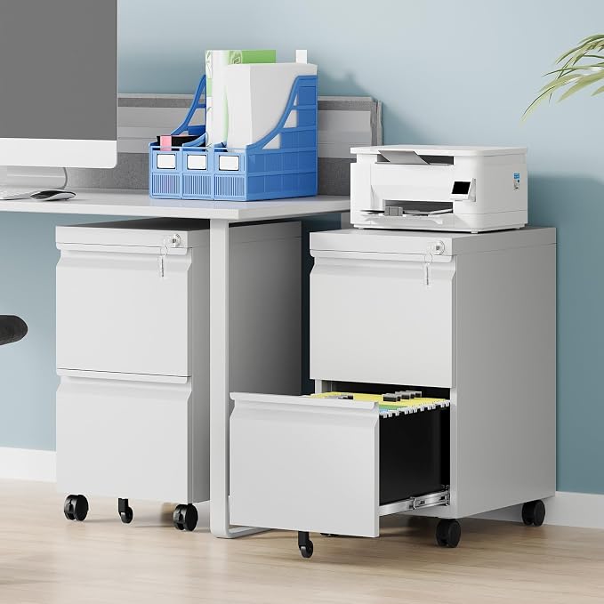 2 Drawer Mobile File Cabinet, Fully Assembled File Cabinets with Lock, Metal Rolling Filing Caninet on Wheels, Small Two Drawer Under Desk Cabnet for Letter/Legal / A4 / File Box - White