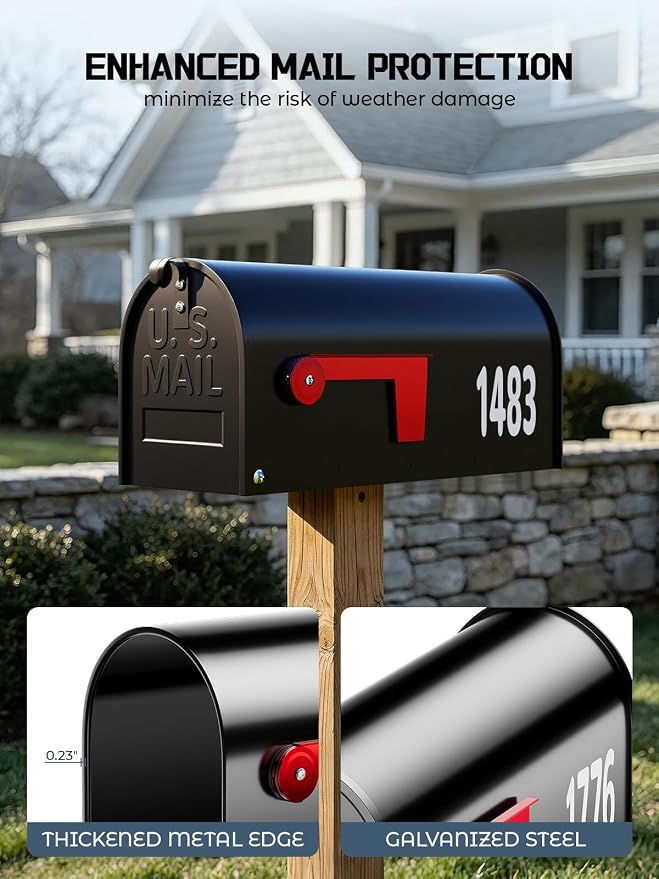AZUNO Mailboxes for Outside, Black Metal Post Mount Mailbox with Red Flag & Address Numbers, Medium Capacity Mailbox for House,Galvanized Steel,19 * 8.9 * 7.1 inches