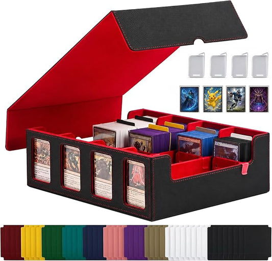 3200+ High-Capacity Card Display Storage Box, 4-Row Design (Ideal for Collectors & Beginners), Heavy-Duty Archival Case for MTG/TCG/Sports Cards （Black Red）