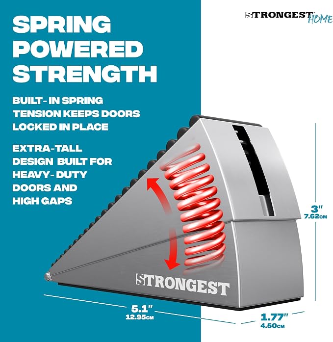 STRONGEST HOME Stoppers for Bottom of Door – Heavy Duty Metal Rubber Door Stopper, Non-Slip Door Stop for Heavy Doors, Works on Wood, Tile & Carpet Floors, Folding Chrome 1 PC + White Wall Protectors