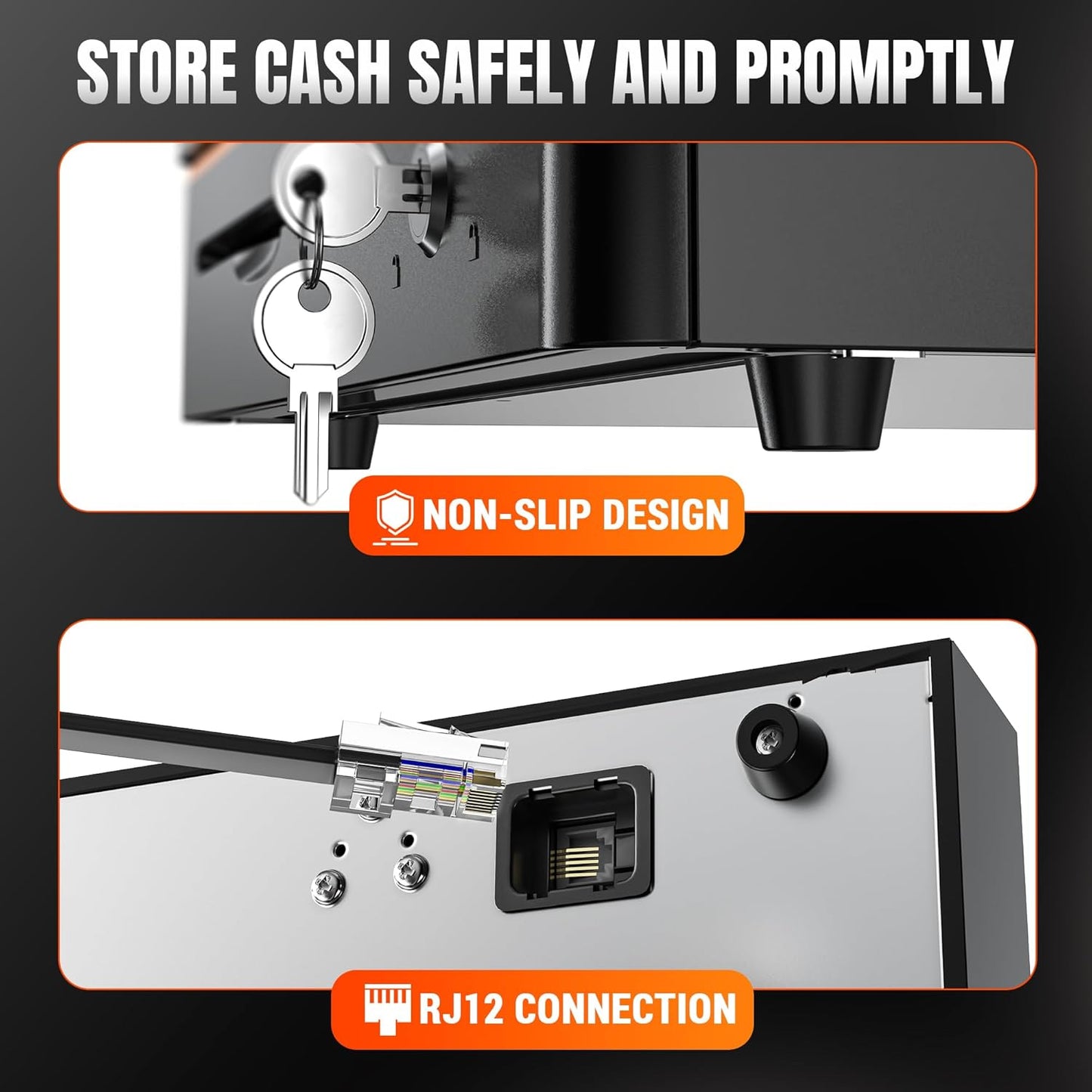 Tera 16" Heavy Duty Cash Drawer Auto Open Insert Tray 5 Bill 8 Coin for Point of Sale (POS) System Removable Cash Tray Media Slot 24V RJ12 Key-Lock with Round Corner for Business Retail 405R Black