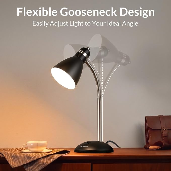 LEPOWER Metal Desk Lamp, Adjustable GooseNeck Reading Light for Bedroom | Compact & Sturdy, Space-Saving for Bedside & Dorm, E26 Table Lamp, Eye-Caring, Ideal for Study, Office, Back to School