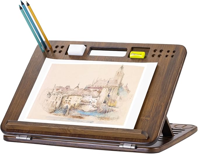 StrongTek Bamboo Tabletop Easel, 6-Angle Drawing Board for Desk and Lap | Pencil and Eraser Slots, Full-Base Lap Support, Secure Angle Positioning, Sketching, Acrylic Painting and Hands-Free Reading