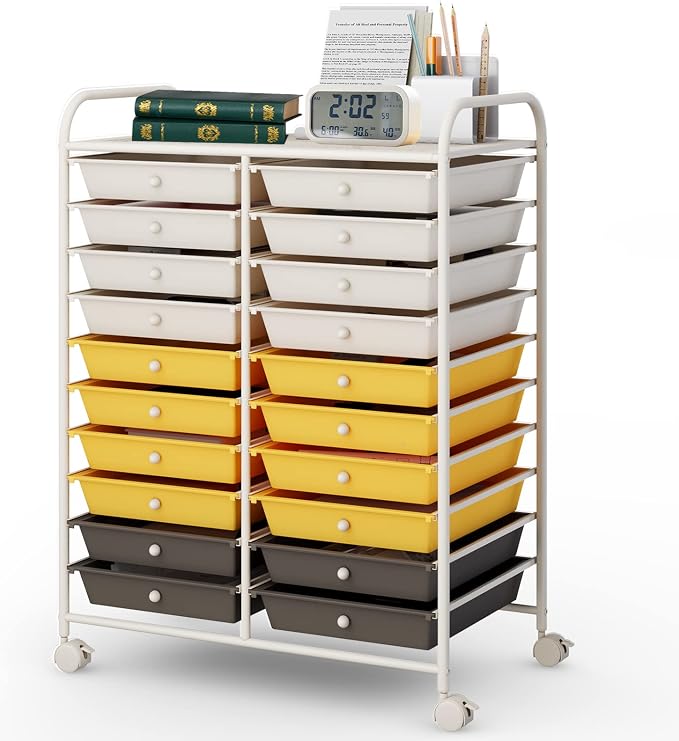 COSTWAY 20-Drawer Rolling Storage Cart, Utility Storage Organizer Cart | For Tools, Scrapbook, Paper, Craft, Multipurpose Storage Trolley on Wheels for Home Office School (Yellow, Beige & Grey)