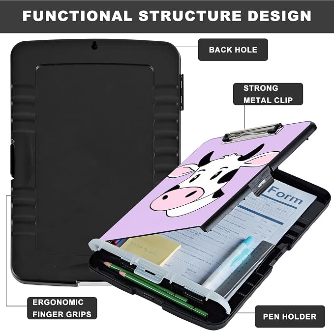 Clipboard with Storage,Storage Clipboard with Pen Holder,Heavy Duty Plastic Storage Clipboard with Low Profile Clip,Teacher Must Haves,Clipboard Folder,Office Supplies,Cute Cow -1364