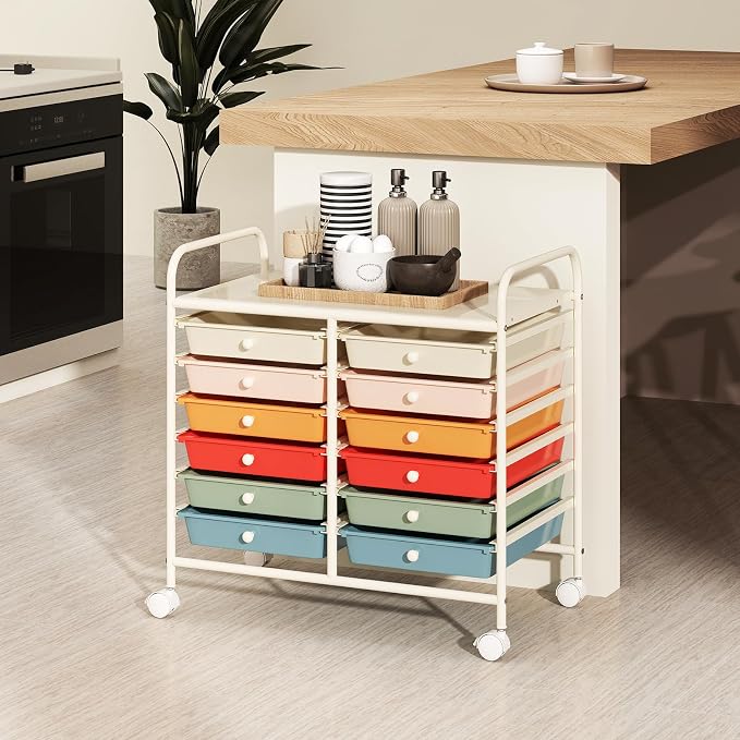 RELAX4LIFE 12-Drawer Rolling Storage Cart - Mobile Utility Cart on Wheels for School Classroom Teacher Office Salon, Paper File Art Supply Craft Organizer, Rolling Cart with Drawers (Macaron)