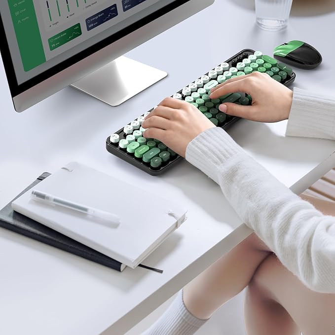 MOFII Wireless Keyboard and Mouse Combo, Full Size 2.4G Plug and Play Typewriter Retro Round Computer Keyboard and Mouse Set for Windows, Computer, Desktop, PC, Notebook - (Black Green Gradient)