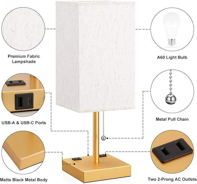 Gold Bedside Lamp for Bedroom - 3 Color Temperatures, USB A+C, 2 AC Outlets | Pull Chain Switch, LED Bulb Included, Cream Fabric Shade, 17.4" Table Lamp for Nightstand, Desk, Living Room, Office