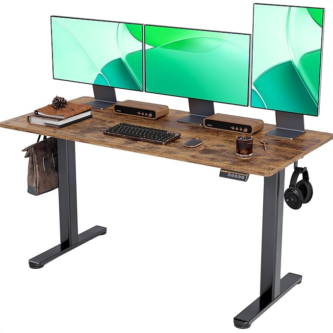 Claiks Electric Standing Desk, Adjustable Height Stand up Desk, 55x24 Inches Sit Stand Home Office Desk with Splice Board, Black Frame/Rustic Brown Top