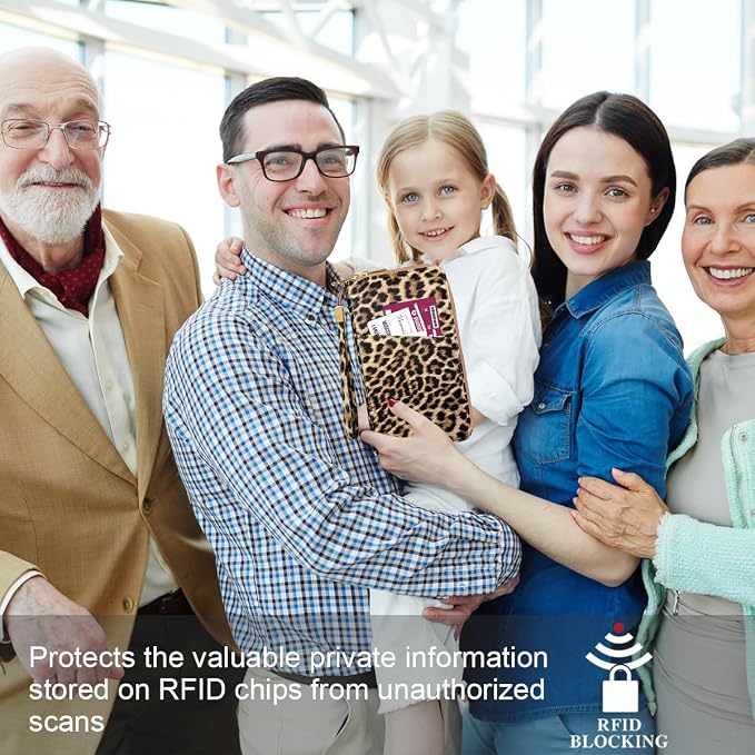 Family Passport Holder Wallet RFID Blocking Document Organizer | PU Leather Mulit-purpose Travel Wallet Credit Cards Case for Women Men, Cheetah Print