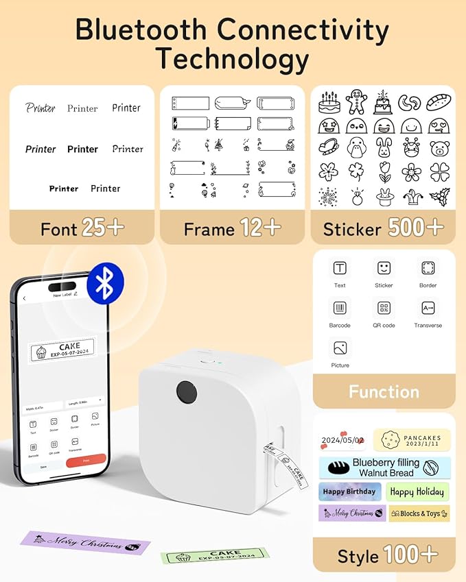 Phomemo Label Maker Machine with Tape, P12 Bluetooth Small Label Maker with Multiple Templates Thermal Transfer Ribbon Printer Machine for Home, School, Gift Wrapping, Office, White