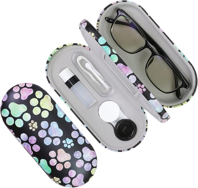 2 in 1 Contact Lens Case and Eyeglasses Case for Women Men Kids, Double Sided Hard Shell Portable Glasses Travel Holder with Built-in Mirror, Contact Lens Box Storage Kit (Multicolor Paw)