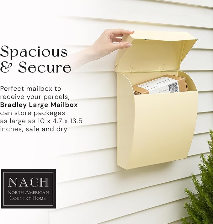 NACH Mailboxes for Outside Wall Mount, 4.8 x 10 x 13 inch Cream Wall Mounted Mailboxes for Outside, Waterpoof Mailbox for House - The Bradley Large Mail Box
