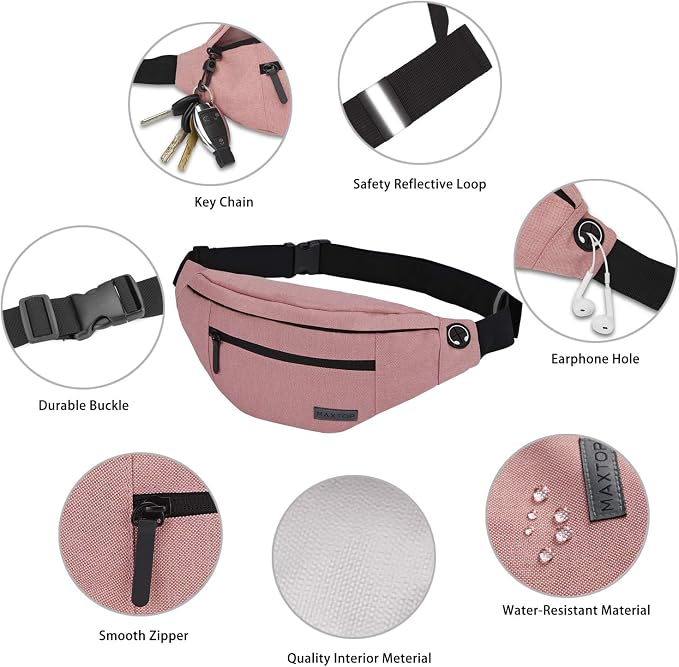 Large Pink Fanny Pack Cross Body Bag with 4-Zipper Pockets Adjustable Strap | Polyester,Gifts for Enjoy Festival Sports Yoga Workout Traveling Running Casual Hands-Free Wallets