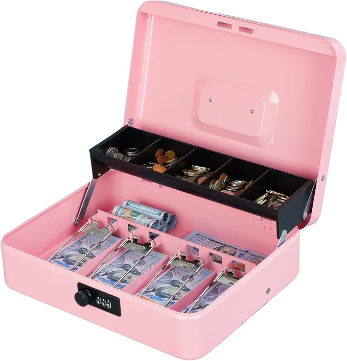 KYODOLED Large Cash Box with Combination Lock, Money Box with Cash Tray, Lock Safe Box with Key, Money Saving Organizer, 11.81Lx 9.45Wx 3.54H Inches, Pink XL Large