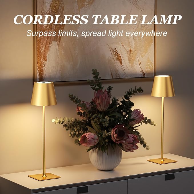 Kakanuo Gold Cordless Rechargeable Table Lamp 5000mAh Battery Operated Lamps, 3 Colors Stepless Dimming Touch Lamp for Living Room, Kitchen Counter, Dining, Outdoor Patio, 2 Pack