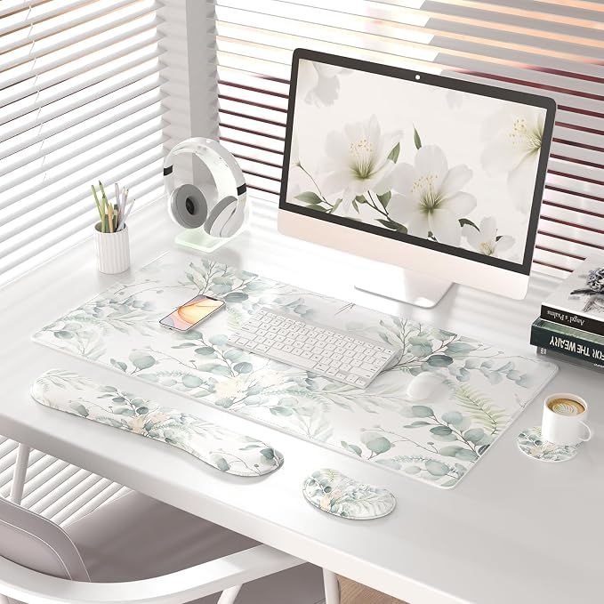 QIYI PU Leather Desk Mat Set, 4-in-1 Ergonomic Wrist Rest, Eucalyptus Leaf | Waterproof Large Mouse Pad 31.5×15.7 + Keyboard Wrist Rest + Mouse Wrist Support+Coaster, Non-Slip Office Gaming Accessories