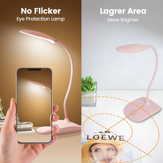 Portable Battery Powered Desk Lamp Small Rechargeable LED Table Light | 400 Lumen Eye Care,3 Color Temperatures,Stepless Touch Dimming,360° Adjustable for Nail Study Dorm Office Bedroom,Pink 1 Pcs