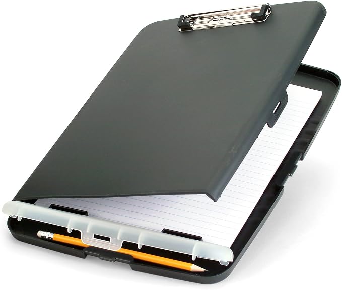 Officemate Slim Clipboard Storage Box, 14.5 x 10-Inches Letter Size Document Organizer, Low-Profile Metal Clip, Separate Pen and Pencil Compartment, Charcoal