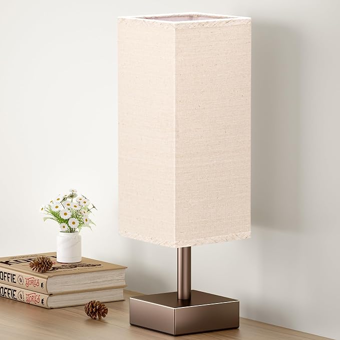 aooshine Browm Small Bedside Lamp for Bedroom - Square Beige Fabric Shade | Inline Rocker Switch, Corded Electric, Bulb Not Included, 12.8" Mini Table Lamp for Nightstand, Desk, Dorm, Office