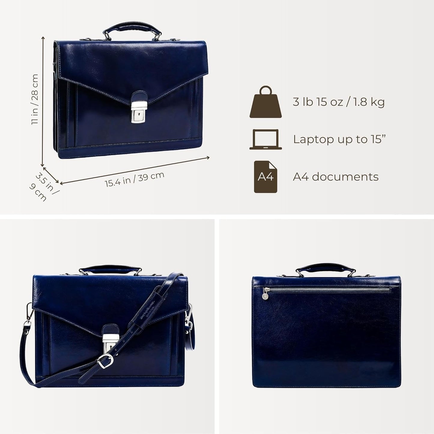 Time Resistance Leather Briefcase for Men - Business Laptop Bag - Italian Handmade Leather Bag - Attache - Gift Box Included