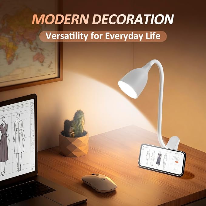EJIAXIN Desk Lamp for Home Office - Clip on Reading Light and Bed Headboard Clamp Lamp, Bedside Gooseneck Table Lamp, Clip on Desk Lamps, Eye-Caring Desk Lamp for College Dorm Room Study Lamp, White
