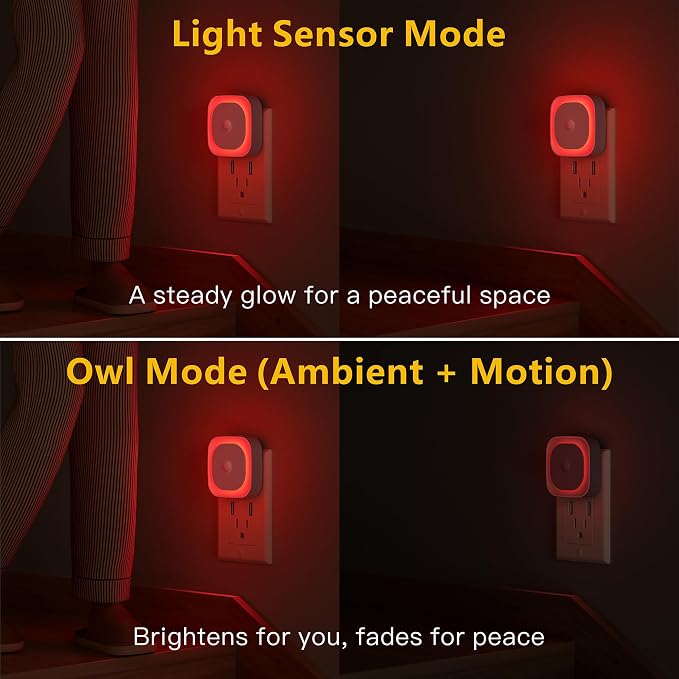 YUNLEX 2 Pack Plug in Red Night Light with Motion Sensor & Dusk to Dawn Sensor, Soft Glow, 0% Blue Light, Dimmable, Auto On/Off, 3 in 1 LED Lights for Bedroom, Kids, Bathroom, Hallway