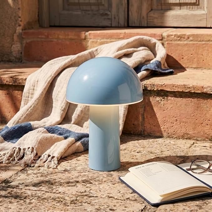 Brightech Celia Small Lamp – 10" Touch-Controlled Mushroom Table Lamp, Cordless & Dimmable LED, Portable & Rechargeable Bedside Night Light, Sustainable Recycled Modern Lamp for Home Décor, Light Blue
