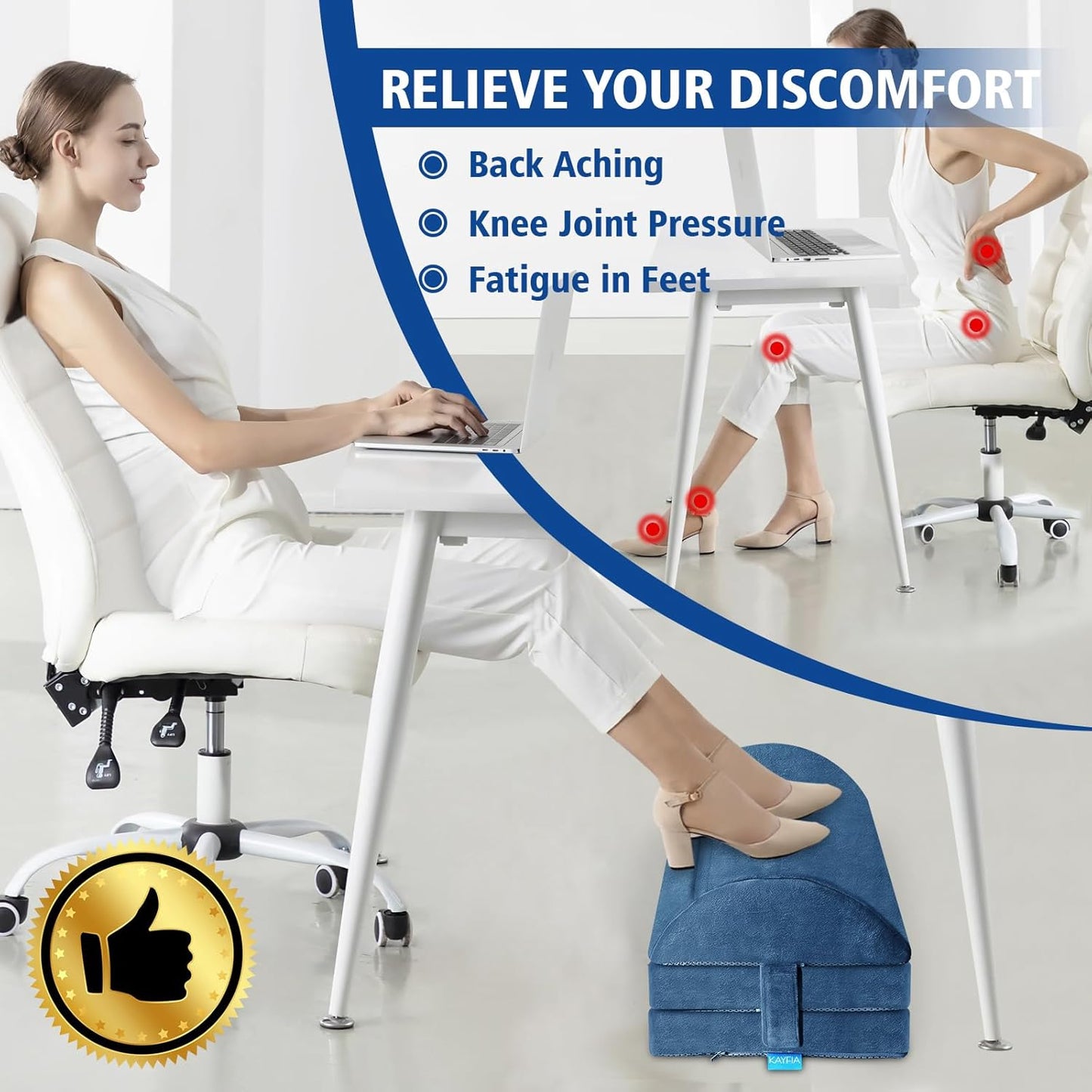 XXL(20in) Foot Rest for Under Desk at Work with 3 Adjustable Heights, Foot Stool with Bamboo Charcoal Foam, Feet Warm Pocket Footrest for Office Gaming Chair, for Leg Support -Blue