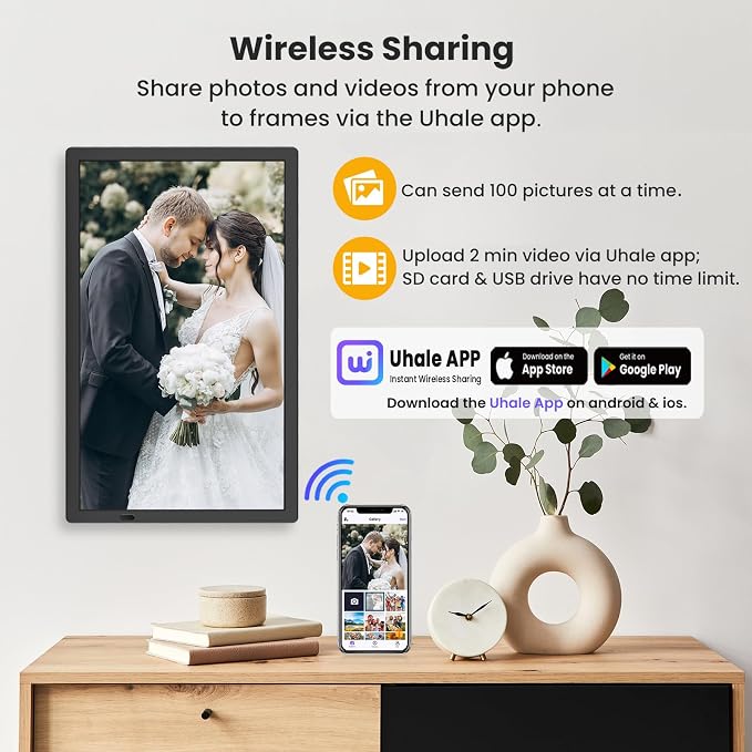FANGOR 21.5" Large Digital Picture Frame 64GB, WiFi Photo Frame 1920x1080 FHD IPS Display with Remote Control, Auto-Rotate, Wall Mounted, Share Photos/Videos Via Uhale App/USB/SD (No Touch Screen)