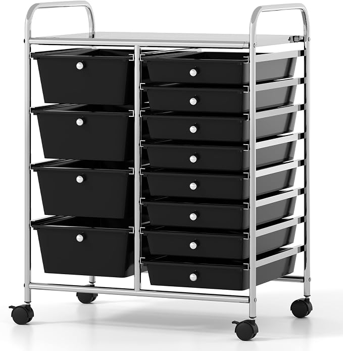 COSTWAY 12 Drawer Rolling Storage Cart, Utility Cart with Metal Frame | Mobile Art Supply Craft Organizer, Multipurpose Storage Organizer for Paper, Office, School Teacher, Classroom, Black