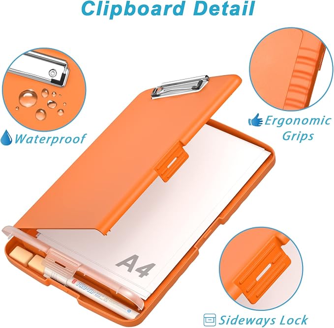 Rimilak Clipboard with Storage, 8.5 x 11'' High Capacity Clip Board, Orange | Smooth Writing, Side-Opening Plastic Folder with Pen Holder, Size 14.2 x 9.6 x 1.2″ ,for Classroom, Teacher, Student