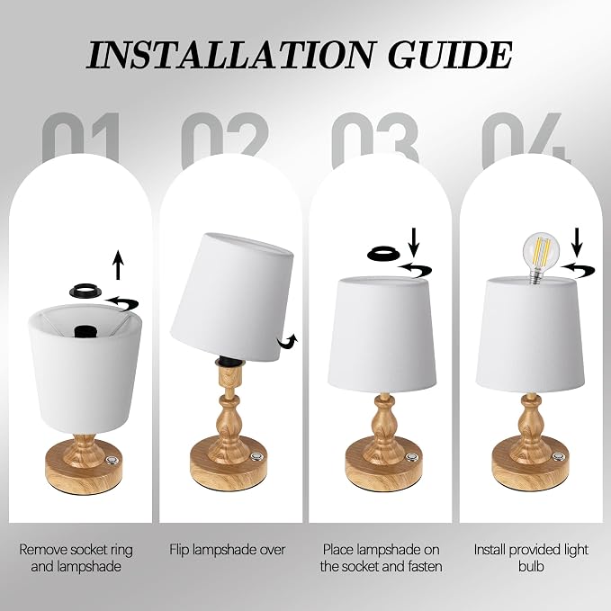 Mini Cordless LED Table Lamp, 5200mAh Rechargeable Battery Operated Lamp, 3-Level Brightness, Touch Dimmable Desk Lamp, Bedside Night Light for Patio Camping Restaurant Home, Wood Grain