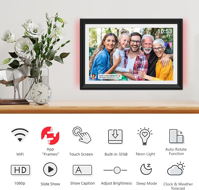 32GB FRAMEO 10.1 Inch WiFi Digital Photo Frame, 1280x800 HD IPS LCD Touch Screen, Auto-Rotate Portrait and Landscape, 32GB Storage, Share Moments Instantly via Frameo App from Anywhere