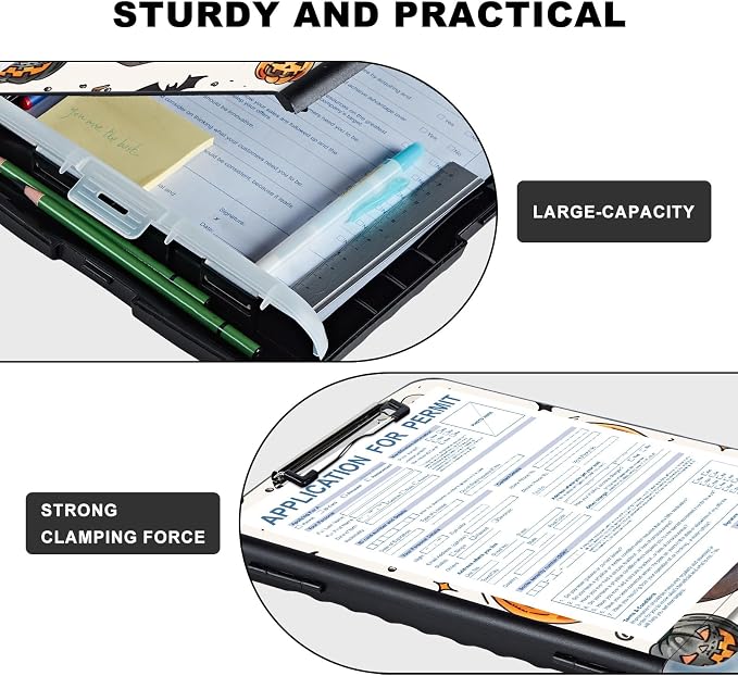 Clipboard with Storage,Storage Clipboard with Pen Holder,Heavy Duty Plastic Storage Clipboard with Low Profile Clip,Teacher Must Haves,Clipboard Folder,Office Supplies,Pumpkin -1361