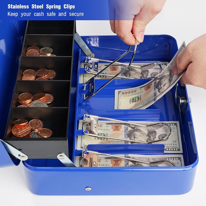 Cash Box with Lock Key and Money Tray - Large Money Box for Cash Register, Metal Lock Box for Money Safe 11.8" x 9.4" x 3.54" Blue