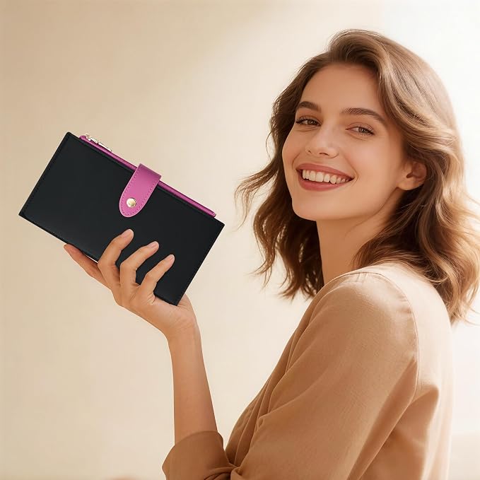 Travelambo Womens Leather Bifold Wallet, Slim RFID Blocking Card Holder | Large Capacity, 16 Card Slots & ID Window, 2 Zipper Pockets, Dual Snap Closure, Slim Lightweight, RFID Privacy Protection