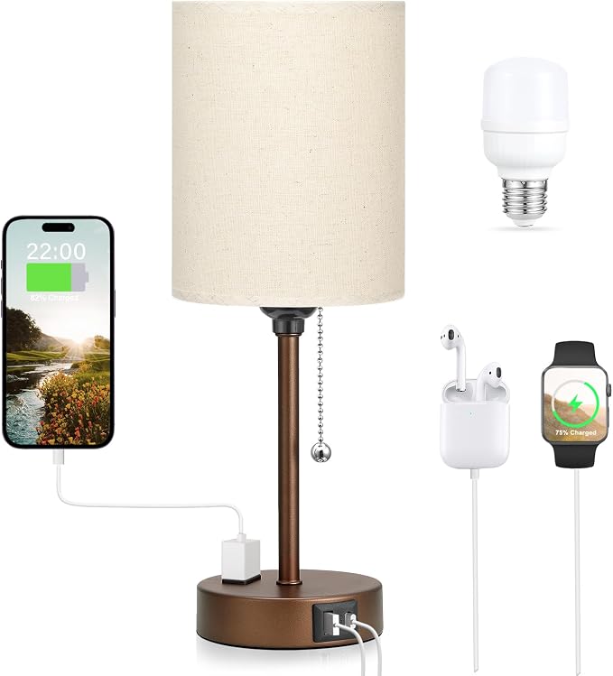 Small Bedside Table Lamp for Bedroom, Desk Lamp with USB Ports for Dorm | USB A+C Ports, AC Outlet, 3 Color Temperatures, LED Bulb Included, Beige Fabric Shade, Coffee Base, 14" Night Stand Lamp