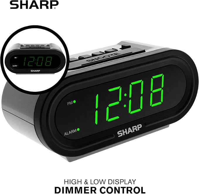Sharp AccuSet Automatic Smart Alarm Clock – Self-Setting Digital Clock, Auto Time & DST Adjustment, Easy-Read Green LED Display, Battery Backup, Simple Plug-and-Play Clock for Seniors & Bedrooms