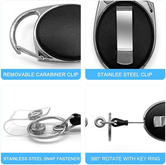 Teskyer Badge Reel, 5 Pack Retractable Badge Holders with Carabiner Belt Clip and Key Ring for ID Card Holder and Keychain