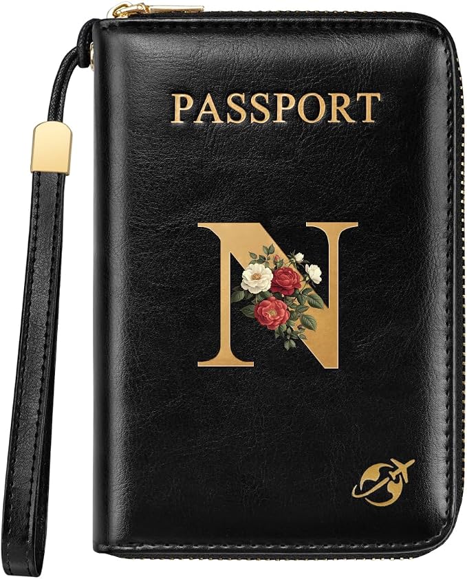Passport Holder for Travel Personalized Wallet with Wristlet Women | Passport Cover, RFID Blocking, Passport Book Holders, Back Coin Pocket, Zipper Closure, Roses Initial Letter, Black N