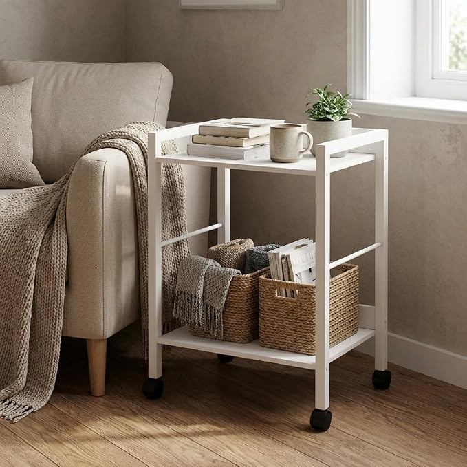Small Rolling Side Table for Sofa, 2-Tier End Table on Wheels | Rolling cart for any room | Holds coffee, lamp, books, plants | Sturdy wood-metal shelf | Side, nightstand, printer stand