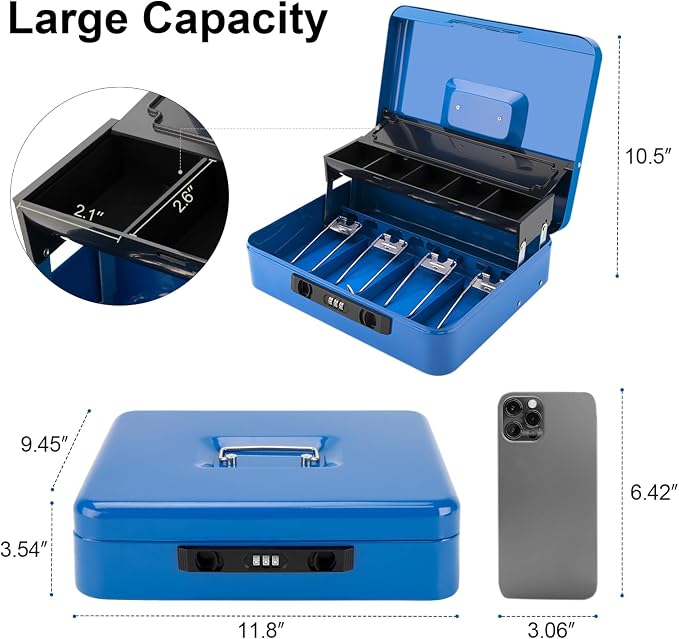 Jssmst Locking Cash Box with Coin Lid, 11.8L x 9.5W x 3.5H Inches, Latch Safe Money Box with Combination Lock, Blue