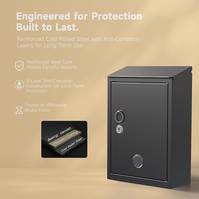 Mailbox with Combination & Key Unlock, Metal Mail Boxes Suggestion Box Wall Mount, Business Key Drop Box, Locking Post Box for House, Weatherproof, Large Capacity 14x4x10in,Black