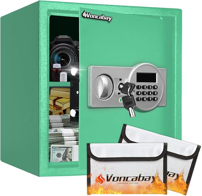 Voncabay Money Safe Box for Home with Digital Keypad, 1.5 Cu. Ft., Green | Alloy Steel, 2 Fireproof Bags, Digital Keypad with Display, Removable Shelf, Alarm System, 14 x 13 x 13 In.
